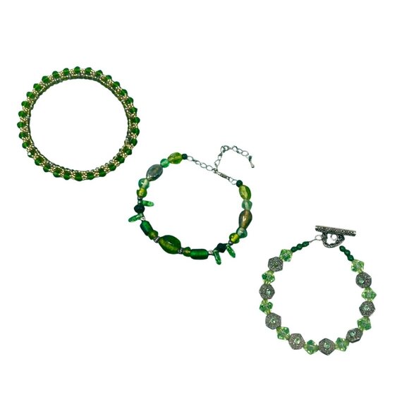 3 Vintage 1990s Handcrafted Green Beaded Bracelets - Picture 3 of 7